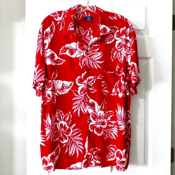 GEORGE Men's Short Sleeve Hawaiian Button-Down Shirt Size L (42-44) Red & White - Picture 1 of 5